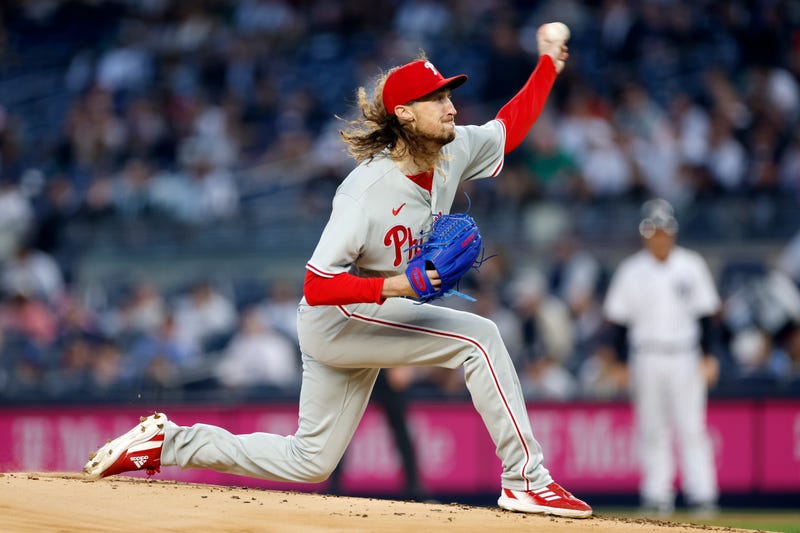 Matt Strahm #25 of the Philadelphia Phillies on the pitcher's mound, mid-pitch