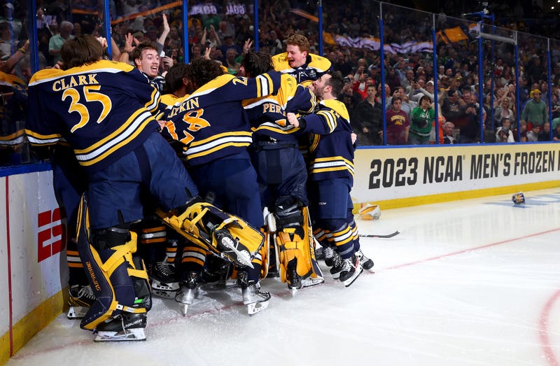 The Quinnipiac Bobcats celebrate after winning the championship game of the 2023 Frozen Four against the Minnesota Golden Gophers at Amalie Arena on April 08, 2023 in Tampa, Florida.