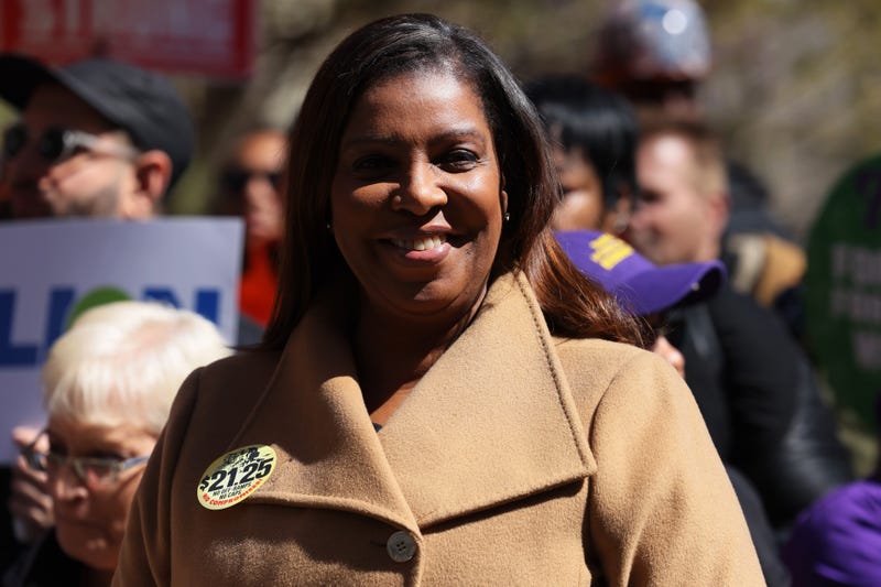New York Attorney General Letitia James smiles as she prepares to speak during a press conference at City Hall Park on April 10, 2023