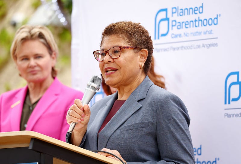 Los Angeles Mayor Karen Bass speaks as Planned Parenthood CEO Sue Dunlap looks on at a news conference about a federal judge’s ruling to rescind FDA approval of the abortion pill Mifepristone, at Planned Parenthood Los Angeles on April 10, 2023 in Los Angeles, California.