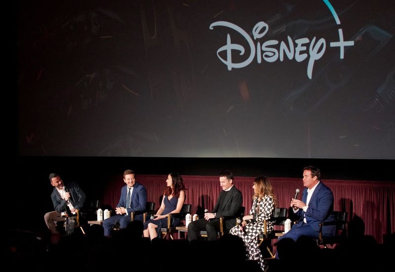 LOS ANGELES, CALIFORNIA - APRIL 11: (L-R) Jimmy Kimmel, Jeremy Renner, Roxy Molohon, Patrick Costello, Romilda De Luca, and Rory Millikin attend the world premiere event for the Disney+ original series "Rennervations" at Westwood Regency Village Theater on April 11, 2023 in Los Angeles, California.