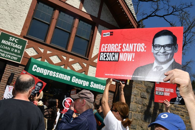 Atmosphere as MoveOn members renounce representative George Santos' co-sponsorship of the AR-15 "National Gun of the United States" Bill on April 12, 2023 in Queens, New York.