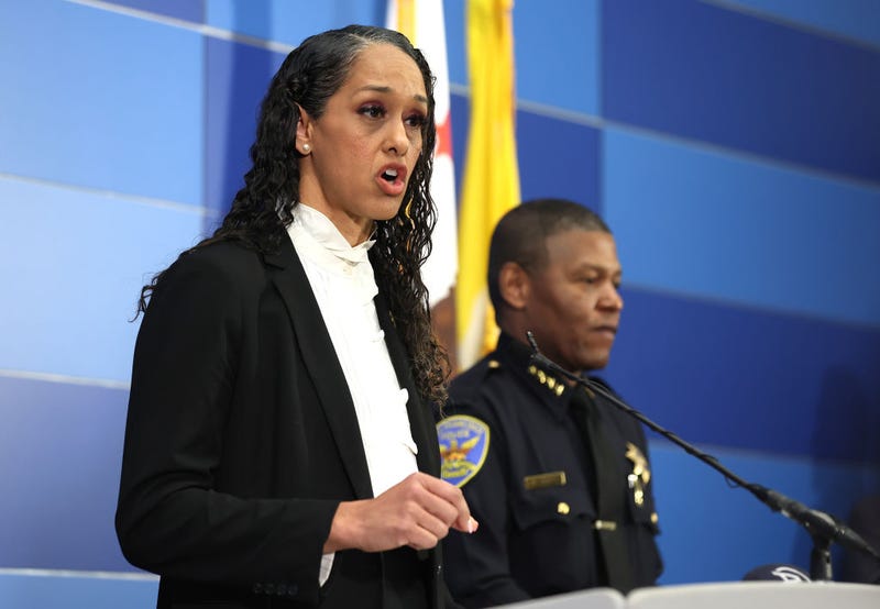 San Francisco district attorney Brooke Jenkins (L) speaks as San Francisco police chief William Scott (L) looks on during a press conference at San Francisco Police headquarters on April 13, 2023 in San Francisco, California.