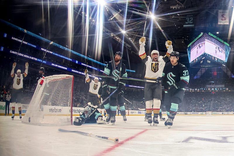 Alec Martinez #23 of the Vegas Golden Knights celebrates his goal during the second period against the Seattle Kraken at Climate Pledge Arena on April 13, 2023 in Seattle, Washington