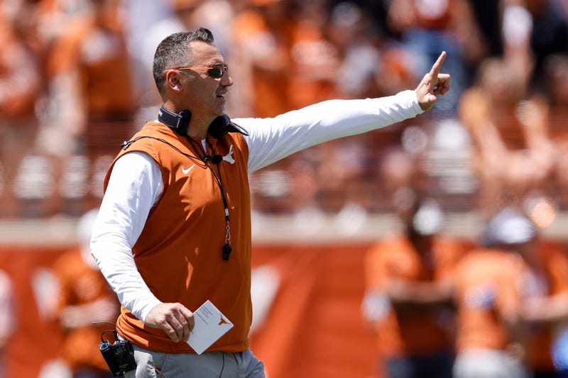 Head coach Steve Sarkisian of the Texas Longhorns reacts during the Texas Football Orange-White Spring Football Game at Darrell K Royal-Texas Memorial Stadium on April 15, 2023, in Austin, Texas.