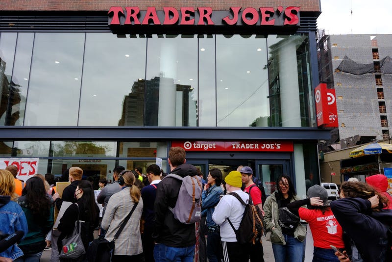 Trader Joe’s employees and union activists hold a rally at a Trader Joe’s in lower Manhattan in support of forming a union at the grocery store on April 18, 2023 in New York City. Workers at the store have complained of slashed benefits, stagnant wages and a lack of concern for health and safety. A union election date for the Lower East Side Trader Joe’s has not yet been set, but if a majority of the employees choose to join, it would be New York City’s first unionized Trader Joe’s. (Photo by Spencer Platt/Getty Images)