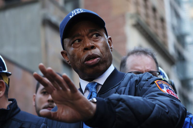 Mayor Eric Adams speaks during a press conference near the site of a parking garage collapse on April 18, 2023 in New York City.