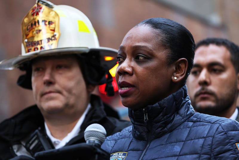 NYPD Commissioner Keechant L. Sewell speaks during a press conference near the site of a parking garage collapse on April 18, 2023 in New York City.