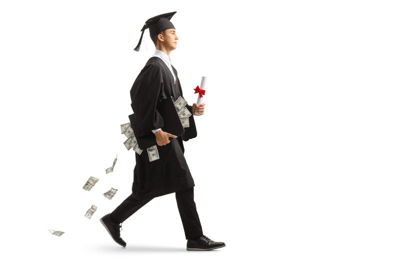Hundred dollar bills wearing a graduation cap.