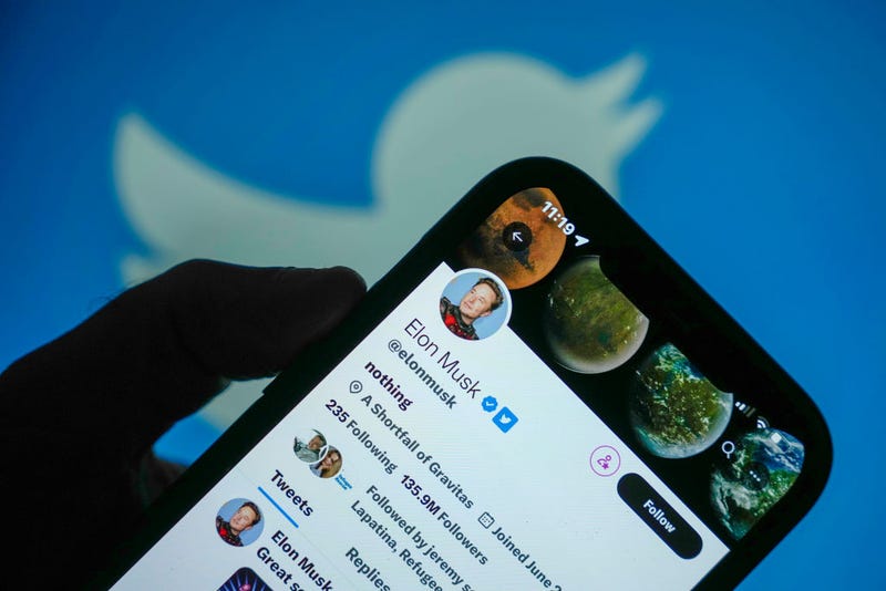 In this photo illustration the Twitter account of Elon Musk is seen on a mobile cellphone on April 21, 2023 in Knutsford, United Kingdom. 