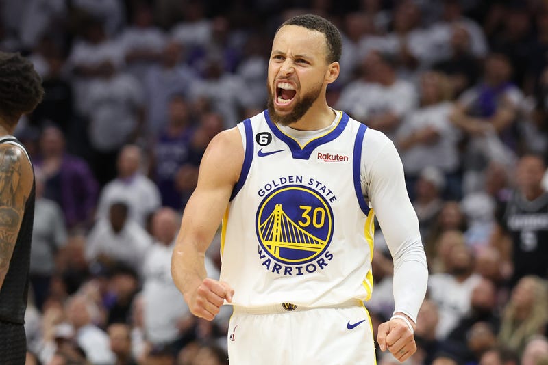  Stephen Curry #30 of the Golden State Warriors celebrates during the third quarter in game seven of the Western Conference First Round Playoffs against the Sacramento Kings at Golden 1 Center on April 30, 2023 
