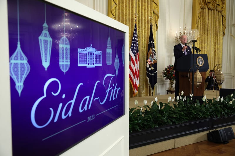 President Joe Biden speaks during a reception celebrating Eid-al-Fitr in the East Room of the White House on May 1, 2023 in Washington, D.C