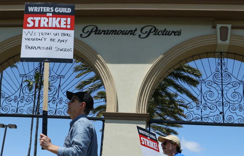 Members of the Writers Guild of America (WGA) and its supporters picket outside of Paramount Pictures on May 02, 2023 in Los Angeles, California. Hollywood writers have gone on strike in a dispute over payments for streaming services.