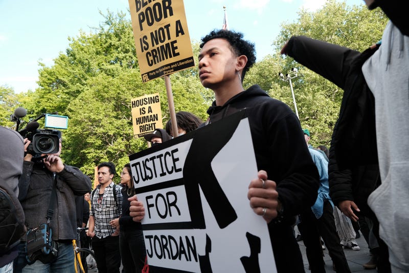 Protesters gather for a "Justice for Jordan Neely" rally in Washington Square Park on May 05, 2023.
