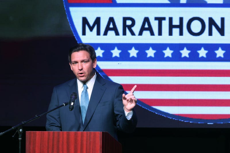Florida Governor Ron DeSantis speaks to guests at the Republican Party of Marathon County Lincoln Day Dinner annual fundraiser on May 06, 2023 in Rothschild, Wisconsin. Although he has not yet announced his candidacy, DeSantis is expected to be among the top contenders vying for the Republican presidential nomination next year. (Photo by Scott Olson/Getty Images)