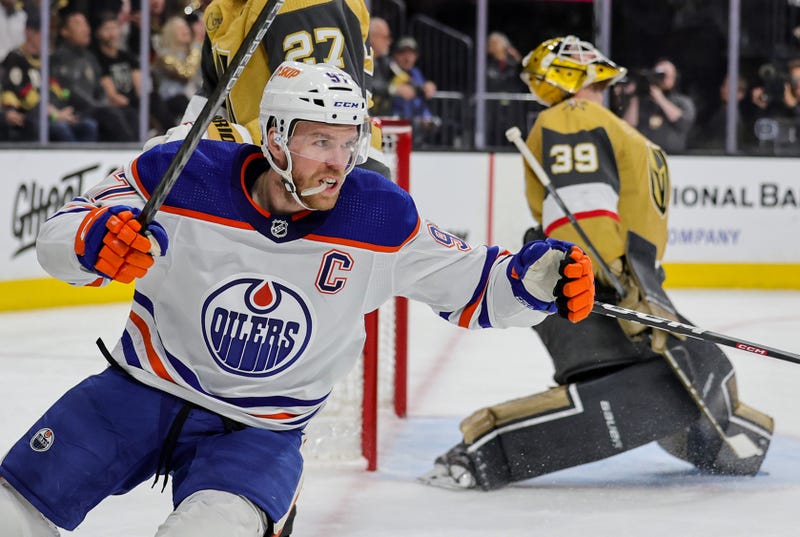 onnor McDavid #97 of the Edmonton Oilers reacts after scoring a short-handed goal against Laurent Brossoit #39 of the Vegas Golden Knights in the first period of Game Two of the Second Round of the 2023 Stanley Cup Playoffs at T-Mobile Arena on May 06, 2023