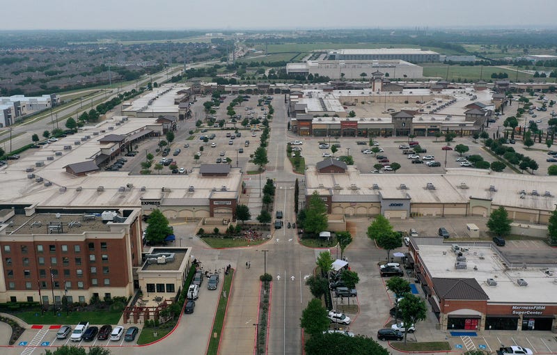 In this aerial view, the Allen Premium Outlets mall after the mass shooting occurred on May 8, 2023, in Allen, Texas.