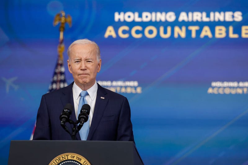 U.S. President Joe Biden gives remarks on new airline regulations his administration is pursuing during an event in the South Court Auditorium on the White House campus on May 08, 2023 in Washington, DC.
