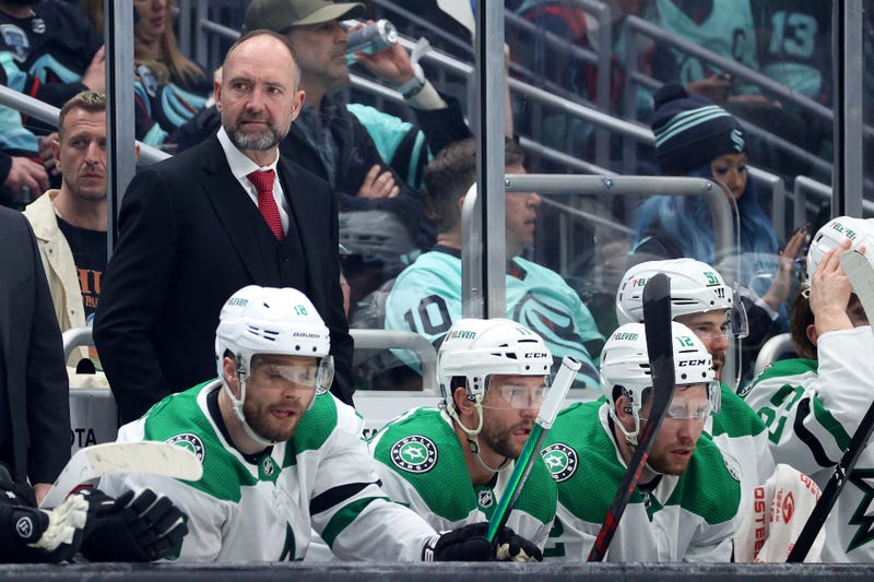 Head coach Peter DeBoer of the Dallas Stars looks on during the second period against the Seattle Kraken in Game Four of the Second Round of the 2023 Stanley Cup Playoffs