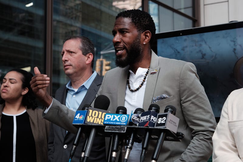 New York City Public Advocate Jumaane D. Williams, New York City Comptroller Brad Lander (2nd L), elected officials and mental health advocates hold a press briefing at the Broadway-Lafayette subway station, where Jordan Neely was fatally choked by a fellow passenger a week ago on May 10, 2023 in New York City.