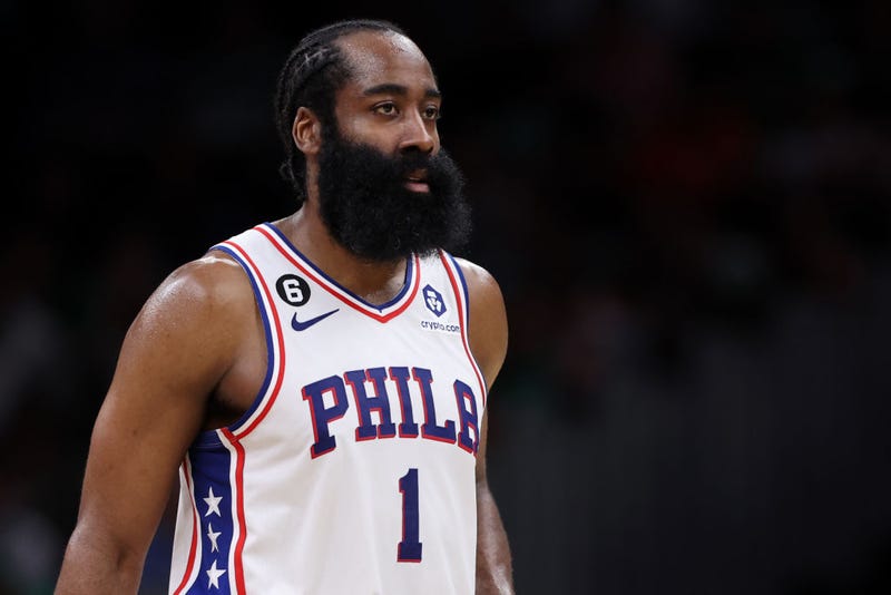 James Harden #1 of the Philadelphia 76ers looks on during the second half of game five of the Eastern Conference Second Round Playoffs at TD Garden on May 09, 2023 in Boston, Massachusetts.