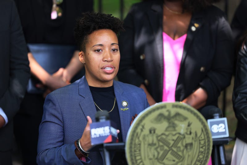 Councilmember Crystal Hudson speaks during a press conference at Park Row on May 11, 2023 in New York City. 
