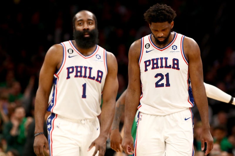 BOSTON, MASSACHUSETTS - MAY 14: James Harden #1 and Joel Embiid #21 of the Philadelphia 76ers reacts against the Boston Celtics during the third quarter in game seven of the 2023 NBA Playoffs Eastern Conference Semifinals at TD Garden on May 14, 2023 in Boston, Massachusetts.