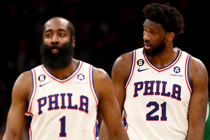 James Harden and Joel Embiid of the Philadelphia 76ers react in the third quarter of Game 7 of the 2023 NBA Playoffs Eastern Conference Semifinals against the Boston Celtics on May 14, 2023.