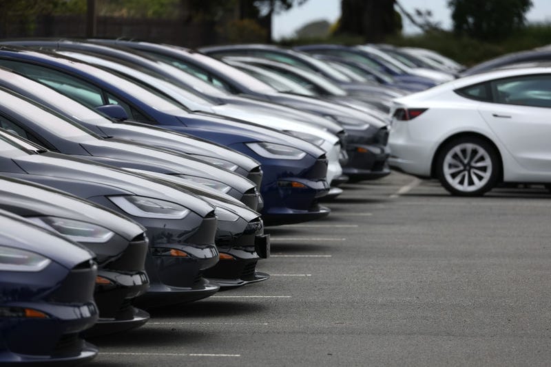 Brand new Tesla cars are displayed on the sales lot at a Tesla dealership on May 16, 2023 in Colma, California.