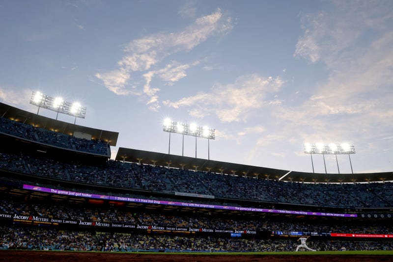  A general view as Clayton Kershaw #22 of the Los Angeles Dodgers pitches during the second inning against the Minnesota Twins at Dodger Stadium on May 16, 2023 in Los Angeles, California. 
