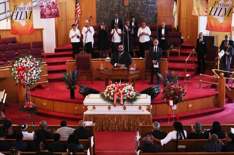 People attend the viewing and funeral service of Jordan Neely at Mount Neboh Baptist Church on May 19, 2023