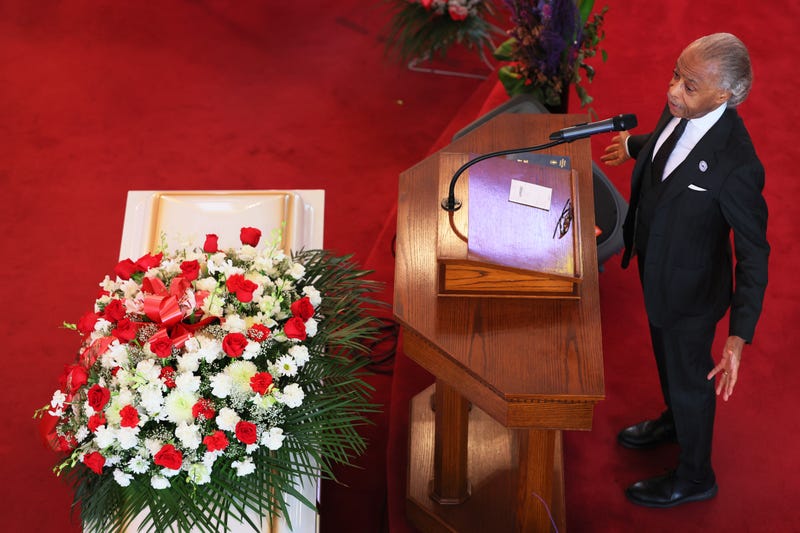 The Rev. Al Sharpton speaks during the public viewing and funeral service of Jordan Neely at Mount Neboh Baptist Church on May 19, 2023