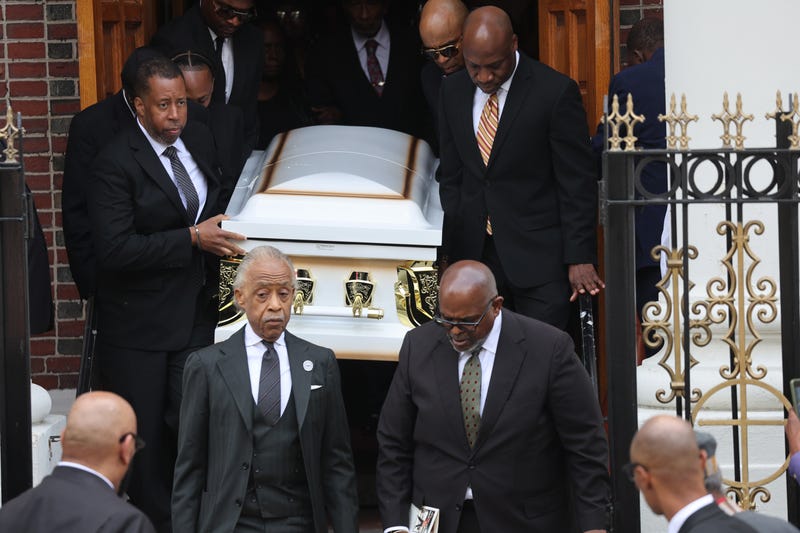 Mourners carry for the casket of Jordan Neely at the Mount Neboh Baptist Church in Harlem after the funeral on May 19, 2023 in New York City.