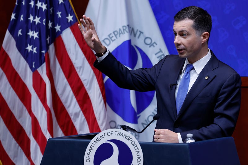 U.S. Transportation Secretary Pete Buttigieg holds a news conference about summer air travel at the department's headquarters on May 23, 2023 in Washington, DC.