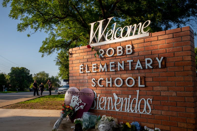 A memorial dedicated to the 19 children and two adults murdered on May 24, 2022, during the mass shooting at Robb Elementary School, is seen on May 24, 2023, in Uvalde, Texas.