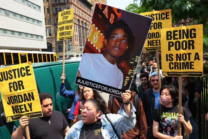 Supporters of Jordan Neely protest a rally in support of Daniel Penny at Collect Pond Park on May 24, 2023