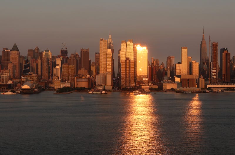 The sun sets on the skyline of Midtown on May 31, 2023, as seen from Weehawken, New Jersey