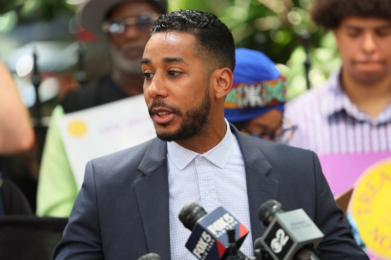 Brooklyn Borough President Antonio Reynoso speaks during a press conference to address the latest death on Rikers Island at City Hall on June 01, 2023 in New York City.