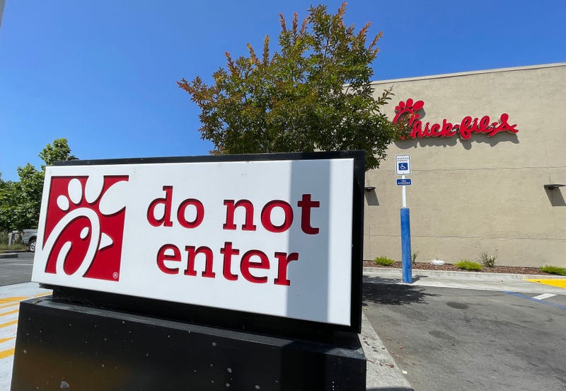 A sign is posted in front of a Chick-fil-A restaurant on June 01, 2023 in Novato, California. 