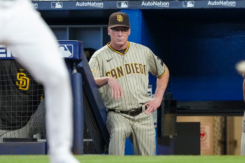 Manager Bob Melvin #3 of the San Diego Padres looks on during the game against the Miami Marlins at loanDepot park on June 01, 2023 in Miami, Florida.