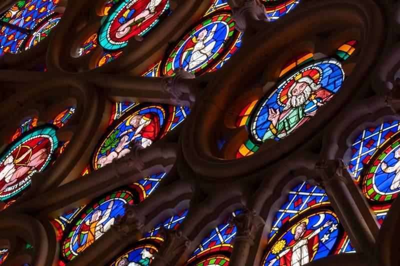Stained glass panels inside Catholic church