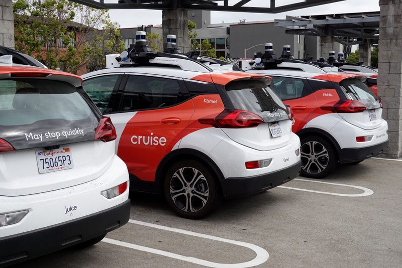 Chevrolet Cruise autonomous vehicles sit parked in a lot on June 08, 2023 in San Francisco, California. Autonomous vehicle companies Cruise and Waymo have been testing their vehicles throughout San Francisco and residents are not happy with the problems that the cars are bringing to the city. The cars frequently stop in the middle of roads for no reason, have driven through police crime tape and most recently struck and killed a dog. (Photo by Justin Sullivan/Getty Images)