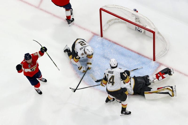  Adin Hill #33 of the Vegas Golden Knights allows a goal to Matthew Tkachuk (not pictured) of the Florida Panthers during the third period in Game Three of the 2023 NHL Stanley Cup Final at FLA Live Arena on June 08, 2023 in Sunrise, Florida.
