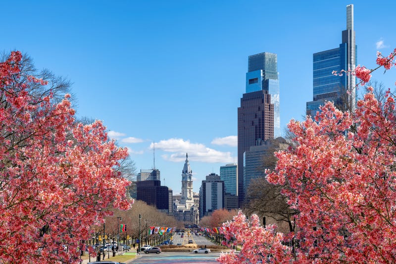Philadelphia city skyline with spring flowers - stock photo