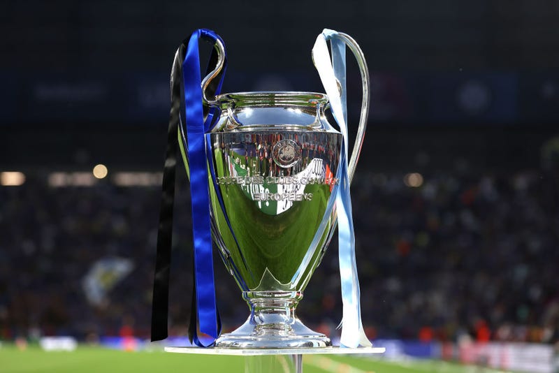 The UEFA Champions League trophy is seen on a plinth prior to the UEFA Champions League 2022/23 final match between FC Internazionale and Manchester City FC at Ataturk Olympic Stadium on June 10, 2023 in Istanbul, Turkey.