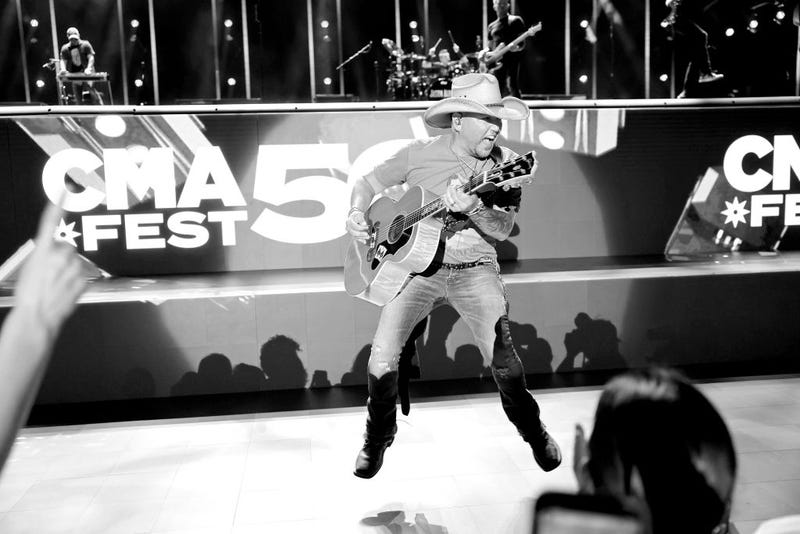 Image has been converted to black and white.) Jason Aldean performs on stage during day three of CMA Fest 2023 at Nissan Stadium on June 10, 2023 in Nashville, Tennessee. (Photo by Jason Kempin/Getty Images)