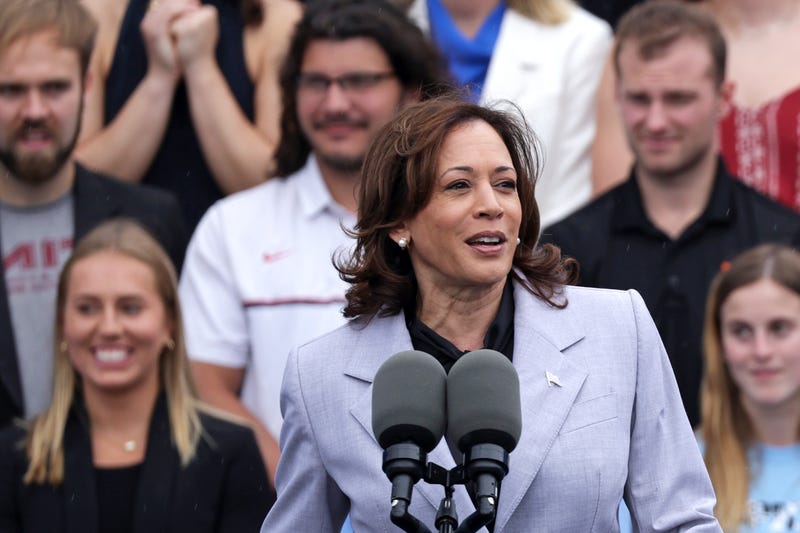 kamala harris at microphone with crowd of people behind her
