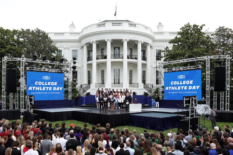 U.S. Vice President Kamala Harris speaks during a College Athlete Day event to celebrate women’s and men’s NCAA championship teams from the 2022-2023 season on the South Lawn of the White House on June 12, 2023 in Washington, DC. Vice President Harris stepped in to host the event for President Biden because he had a root canal procedure this morning.