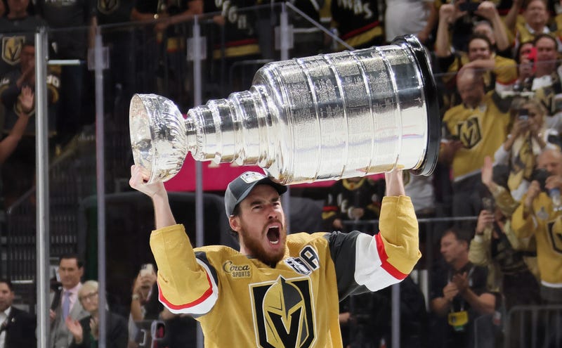 Reilly Smith #19 of the Vegas Golden Knights celebrates the Stanley Cup victory over the Florida Panthers in Game Five of the 2023 NHL Stanley Cup Final at T-Mobile Arena on June 13, 2023