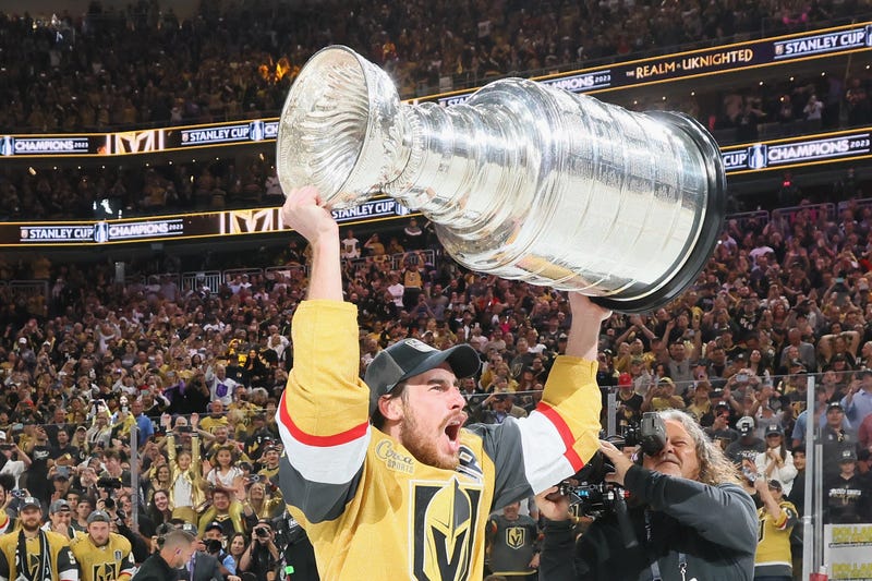 Reilly Smith #19 of the Vegas Golden Knights celebrates the Stanley Cup victory over the Florida Panthers in Game Five of the 2023 NHL Stanley Cup Final at T-Mobile Arena on June 13, 2023 in Las Vegas, Nevada.